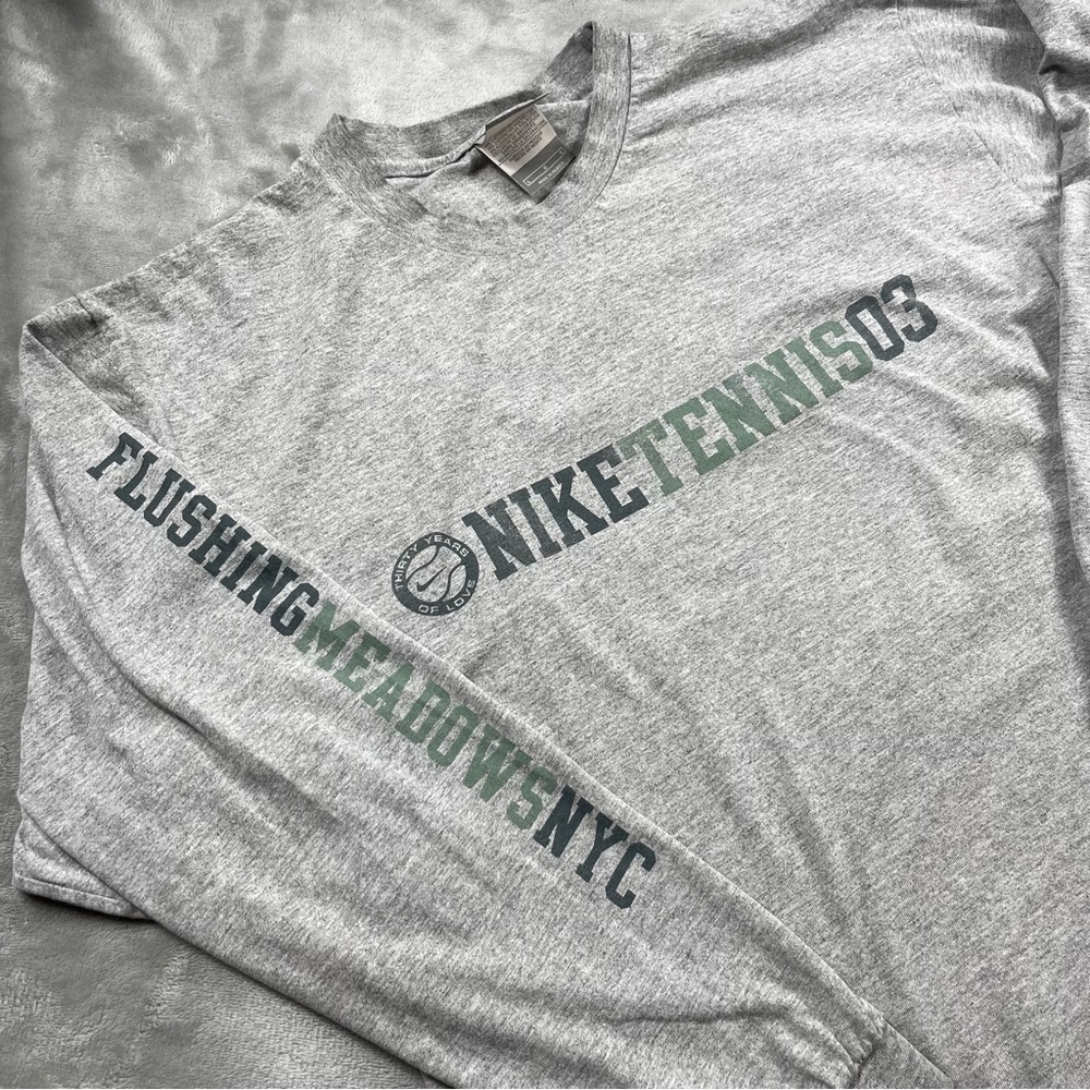 VTG Nike Tennis NYC Flushing Meadows Tee Mens L Spellout Gray T-Shirt L/S 90s